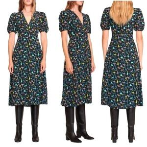 STAUD Milla V-neck Floral Abstract Print Puff-Sleeve A-line Midi-Dress Size 4